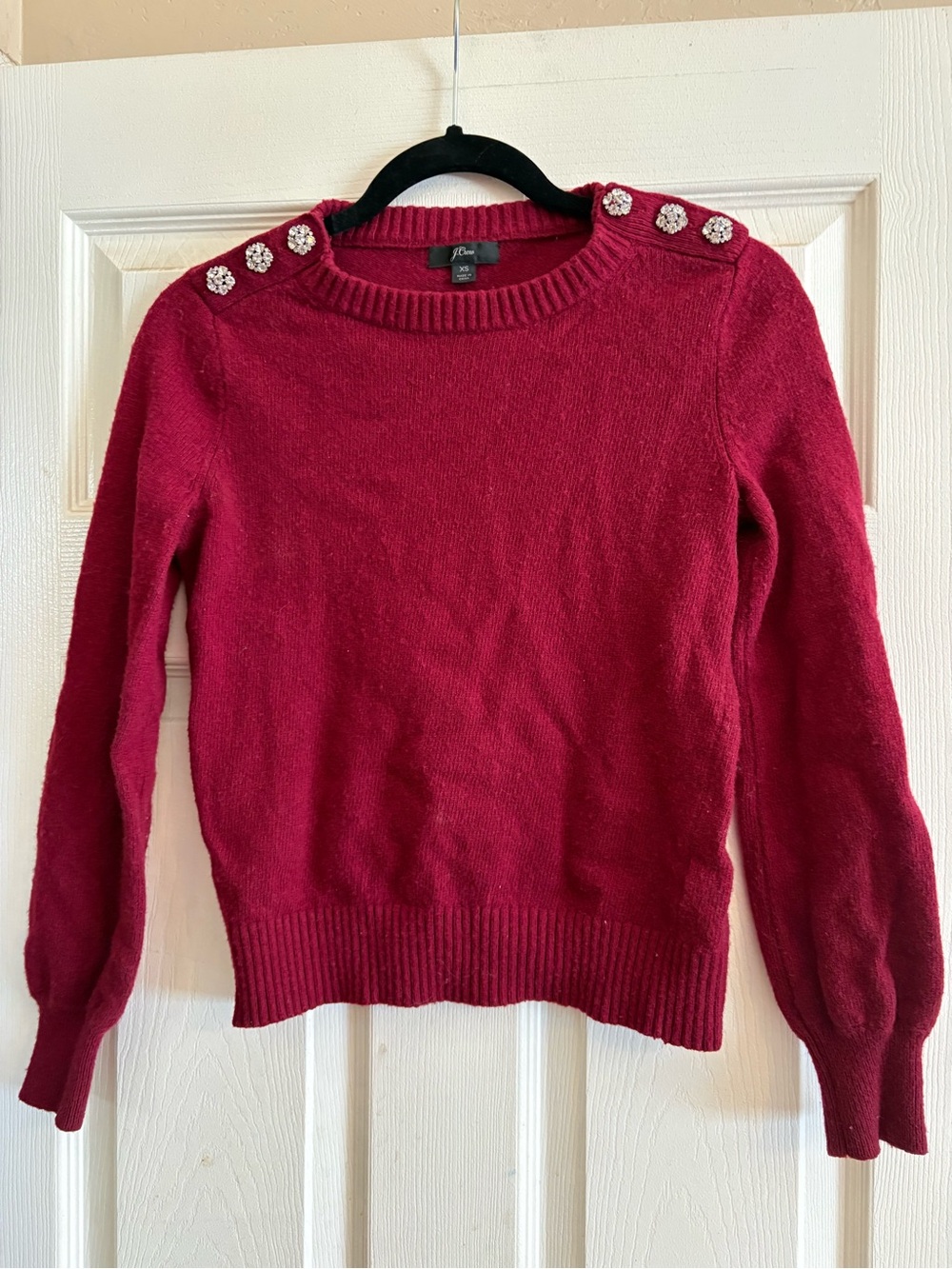 J.Crew Jeweled Button Sweater XS Burgundy Lambswool Blend Rhinestone AE990